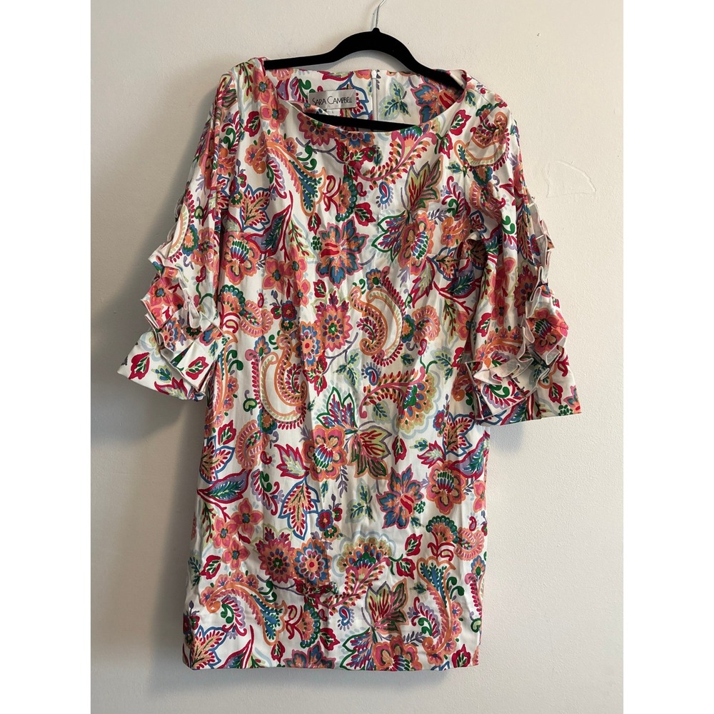 Sara Campbell Womens Paisley Floral Ruffle Sleeve Shift Dress Multi-Color SZ LG